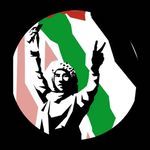 Logo van Alkmaar voor Palestina: Grafische weergave van een persoon in zwart-wit met een keffiyeh op het hoofd, die een gekleurde Palestijnse vlag ophoudt en twee vingers opsteekt in V-vorm.