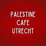 Logo van Palestine Cafe Utrecht: Een donkerrode achtergrond met daarop de tekst 'Palestine Cafe Utrecht'.