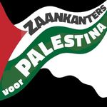Logo van Zaankanters voor Palestina: een gestileerde Palestijnse vlag met daarop wuivend de woorden 'Zaankanters voor Palestina'