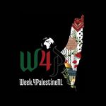 Logo van Week 4 Palestine NL: De tekst 'Week.4PalestineNL', met daarboven groot de letters 'W4P', samen met een aardbol en een kleurige weergave van de geografie van Palestina.