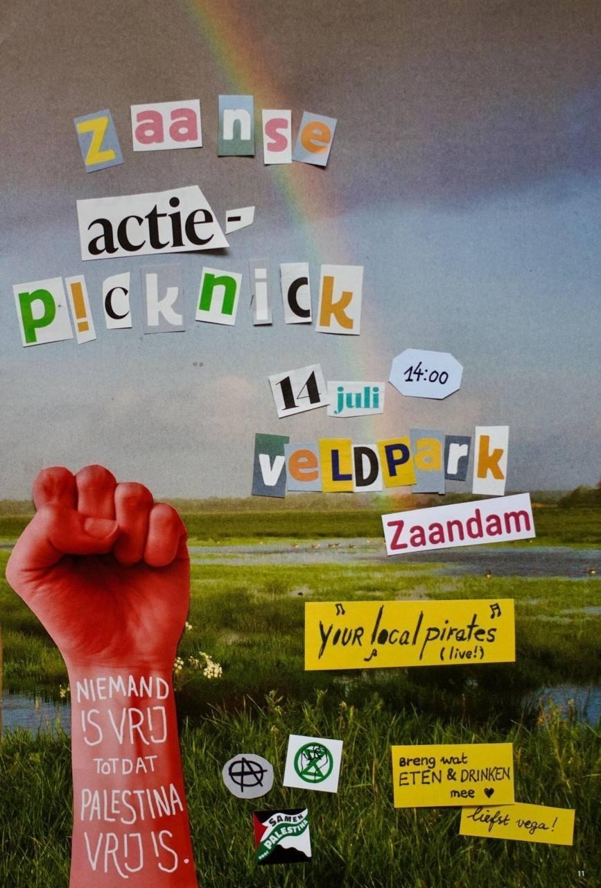 Flyer met informatie over de Zaanse Antifascistische Actiepicknick op 14 juli, om 14.00 uur in het Veldpark